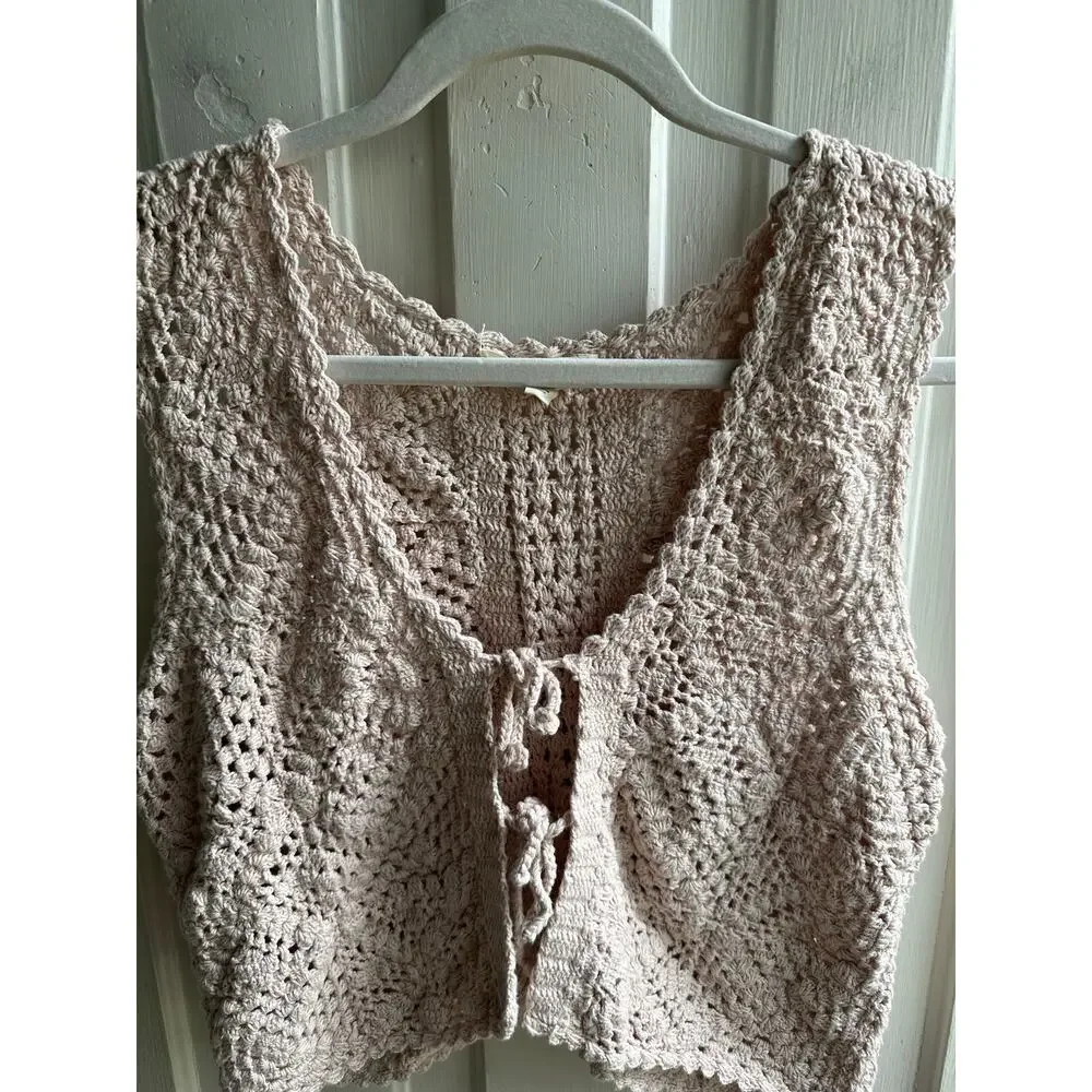 Lucky Brand Boho Crochet Tie-Front Cardigan Sweater Vest Pink Cotton Size M - Picture 3 of 9